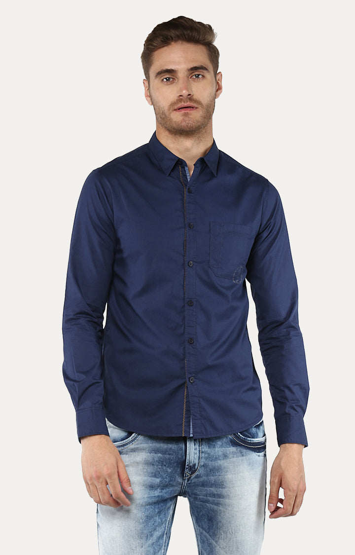 Spykar Men Blue Solid Slim Fit Casual Shirt