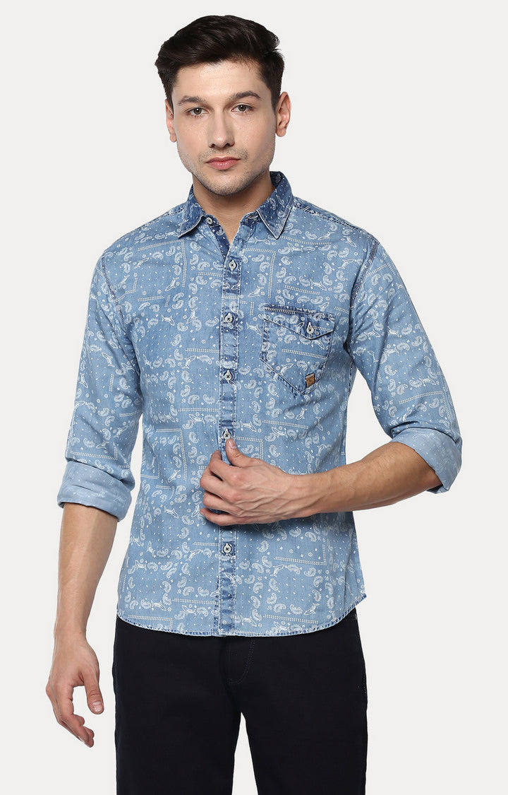 Spykar Men Blue Printed Slim Fit Casual Shirt