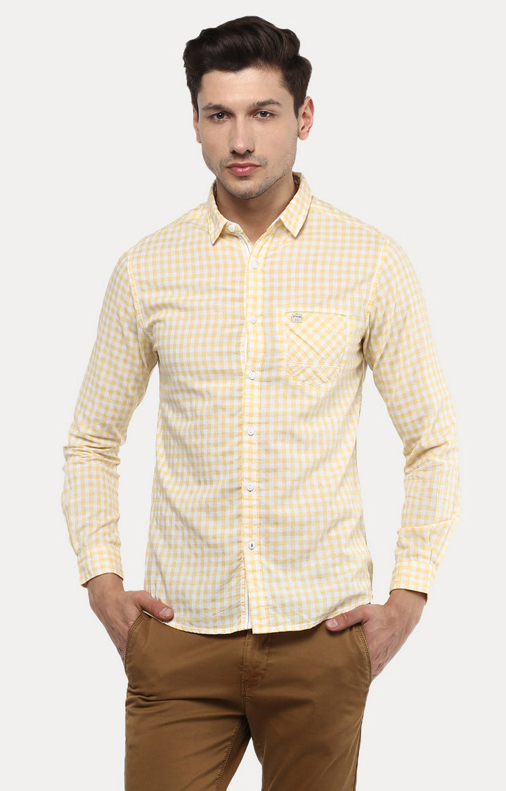 Spykar Men Yellow Checked Slim Fit Casual Shirt