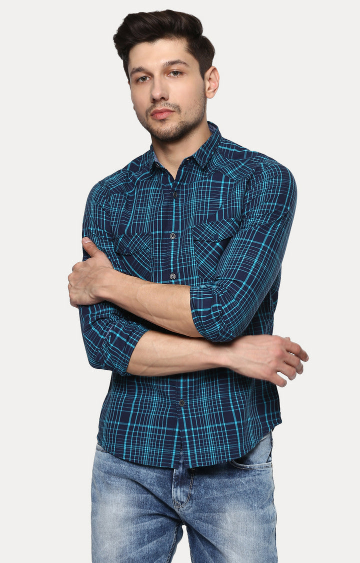 Spykar Men Blue Checked Slim Fit Casual Shirt