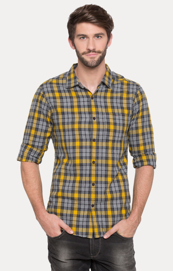 Spykar Yellow Cotton Slim Fit Shirts For Men