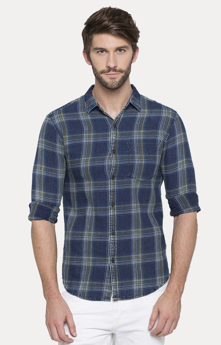 Spykar Men Blue Checked Slim Fit Casual Shirt