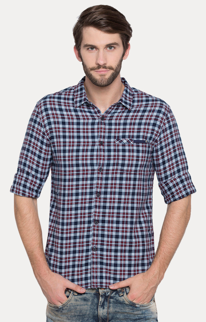 Spykar Men Blue Checked Slim Fit Casual Shirt