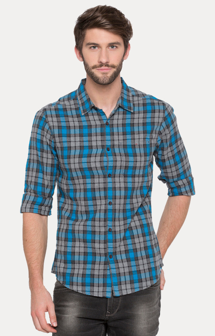 Spykar Men Blue Checked Slim Fit Casual Shirt