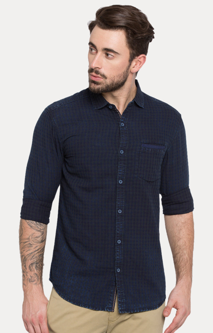 Spykar Men Blue Checked Slim Fit Casual Shirt