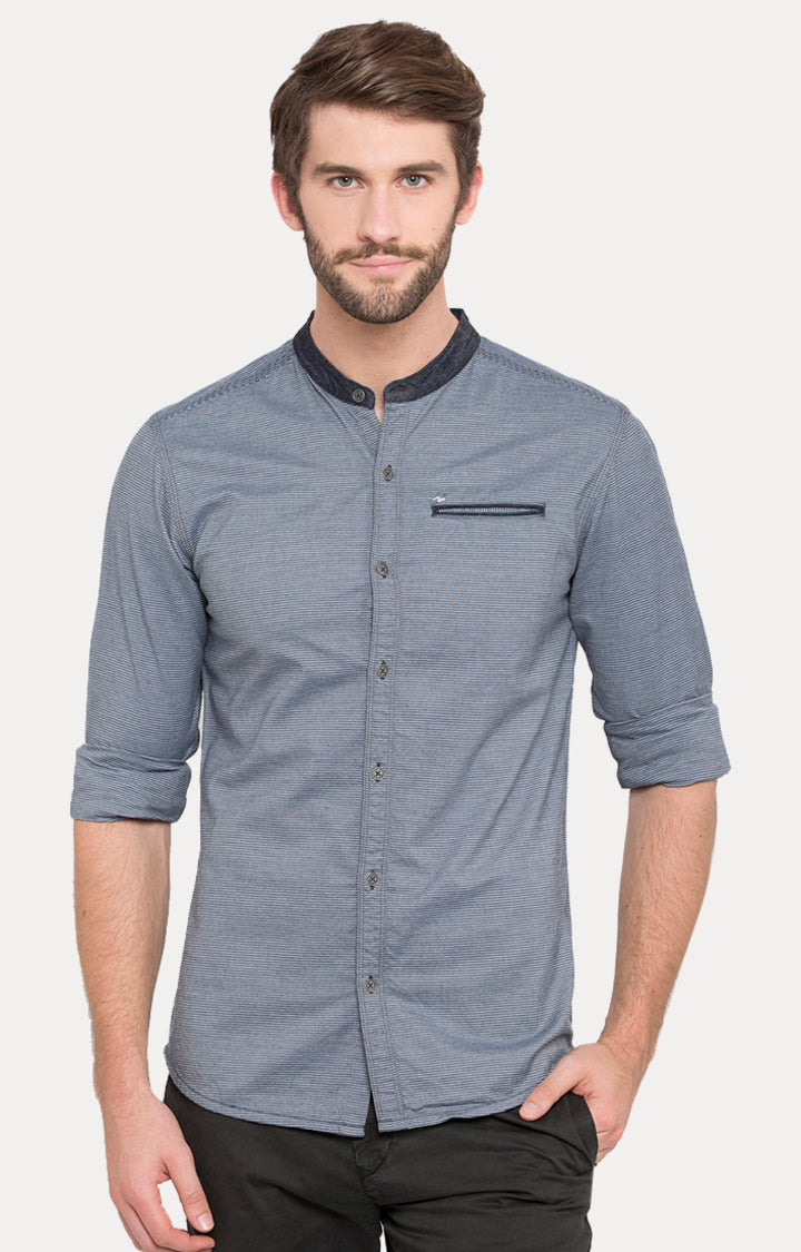 Spykar Men Blue Striped Slim Fit Casual Shirt