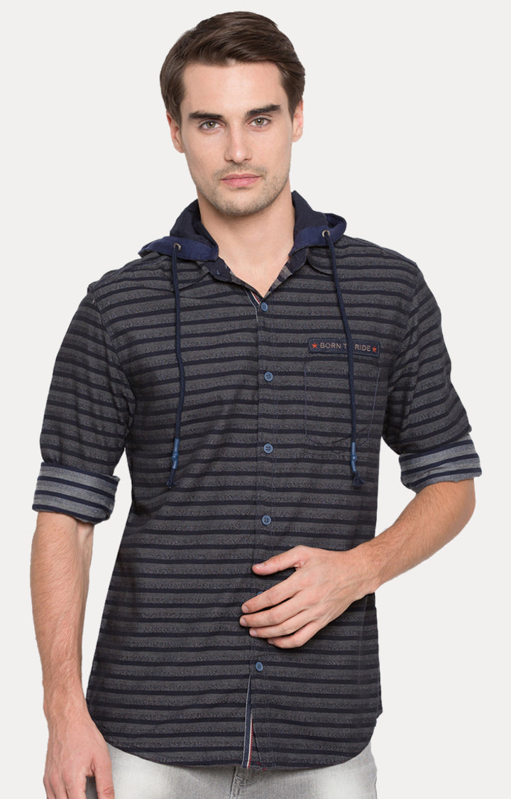 Spykar Men Blue Striped Slim Fit Casual Shirt