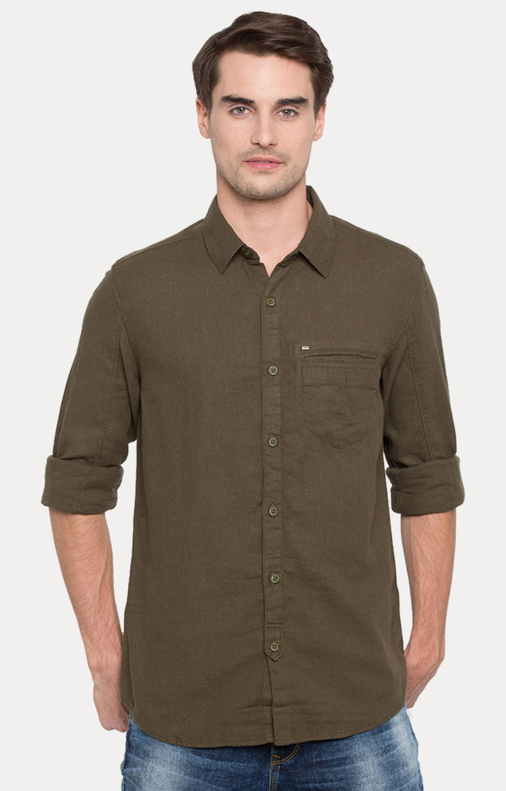 Spykar Men Green Solid Slim Fit Casual Shirt