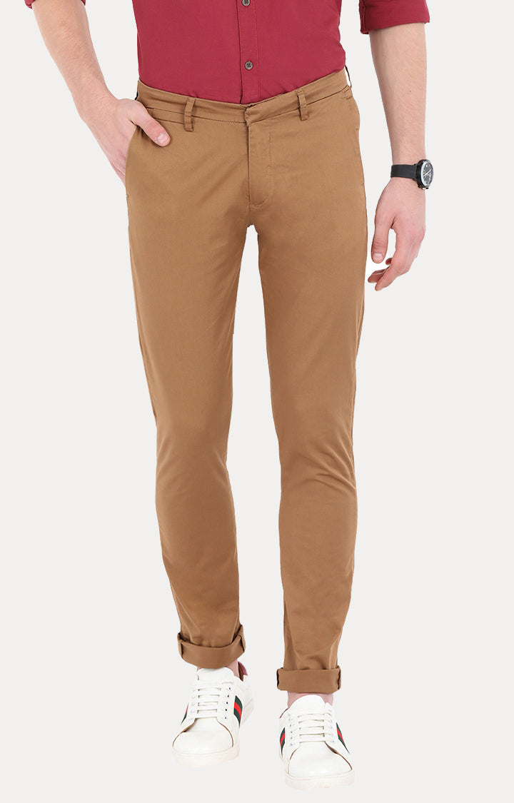 Spykar Men Brown Cotton Slim Fit Casual Trousers