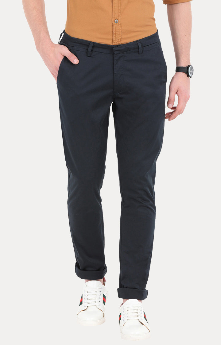 Spykar Men Blue Cotton Slim Fit Casual Trousers