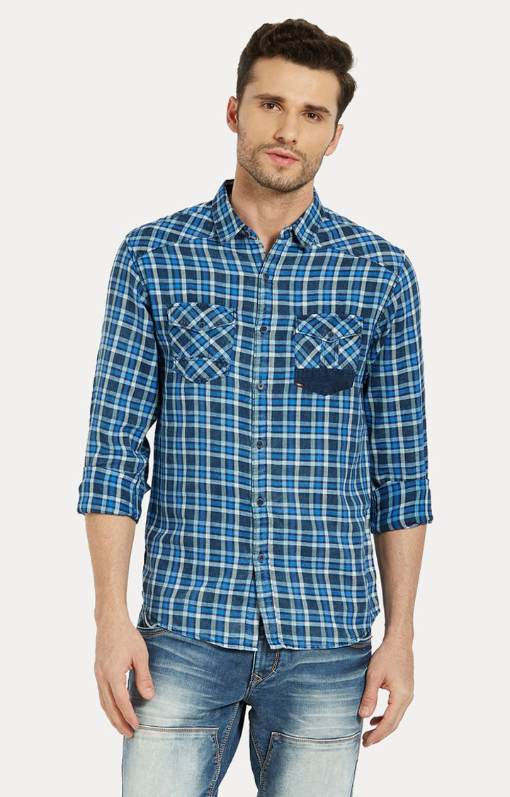 Spykar Men Blue Checked Slim Fit Casual Shirt