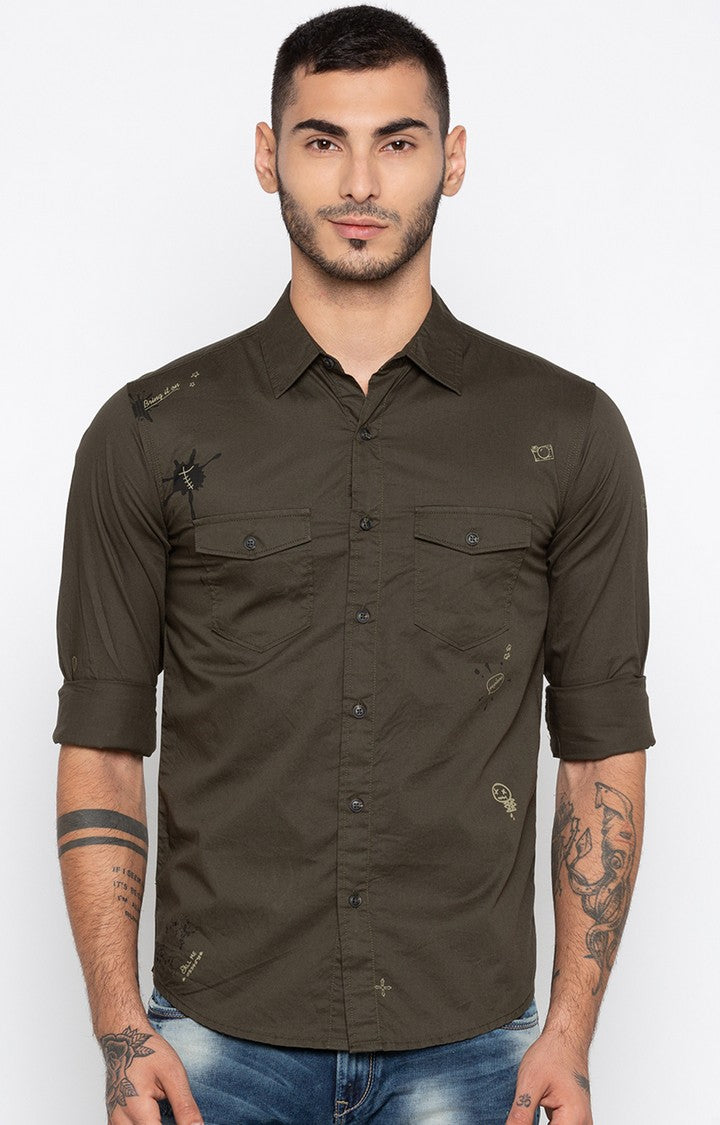 Spykar Men Olive Solid Slim Fit Casual Shirt