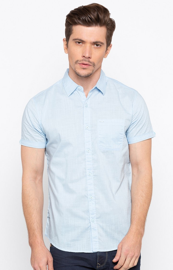 Spykar Men'S Blue Cotton Solid Casual Shirts