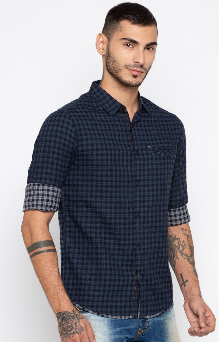 Spykar Men Navy Checked Slim Fit Casual Shirt