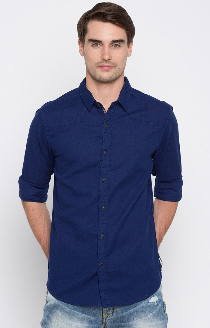 Spykar Blue Cotton Slim Fit Shirts For Men