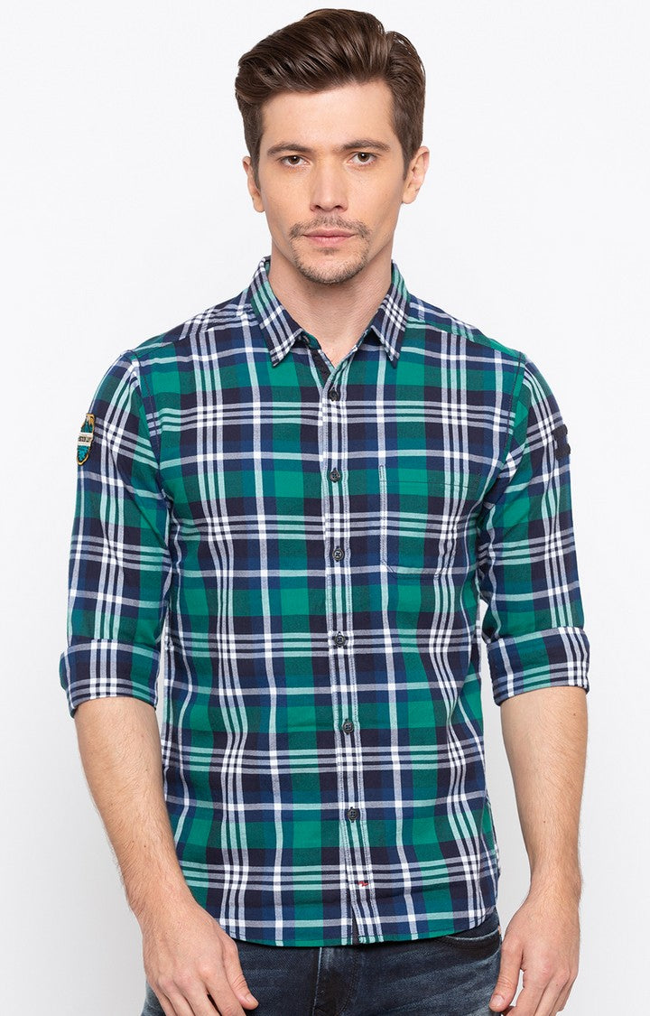 Spykar Men Green Checked Slim Fit Casual Shirt