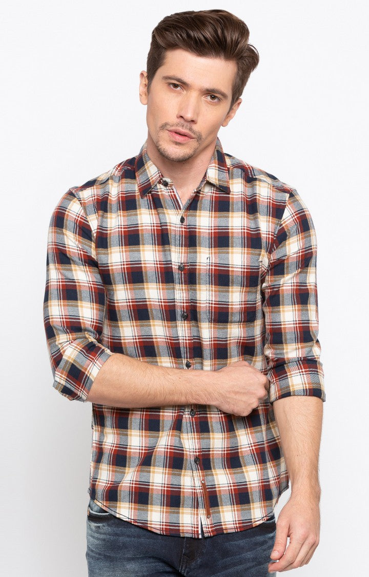 Spykar Men Rust Beige Checked Slim Fit Casual Shirt