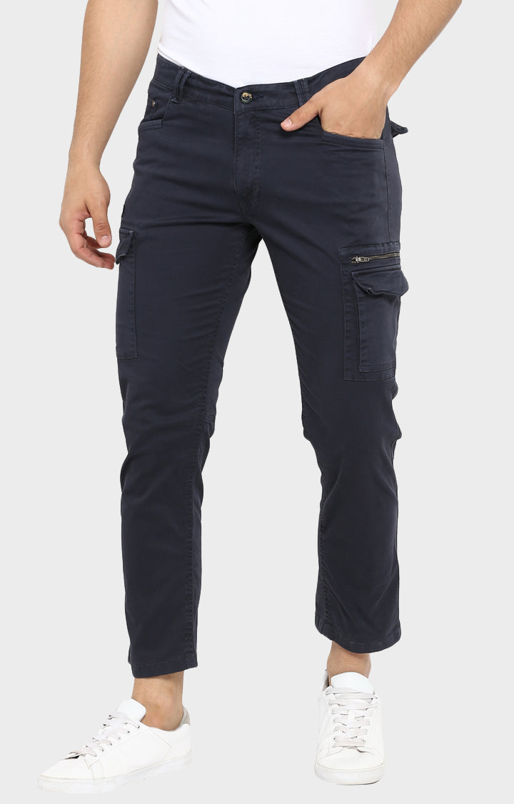 Spykar Men Blue Cotton Slim Fit Casual Trousers