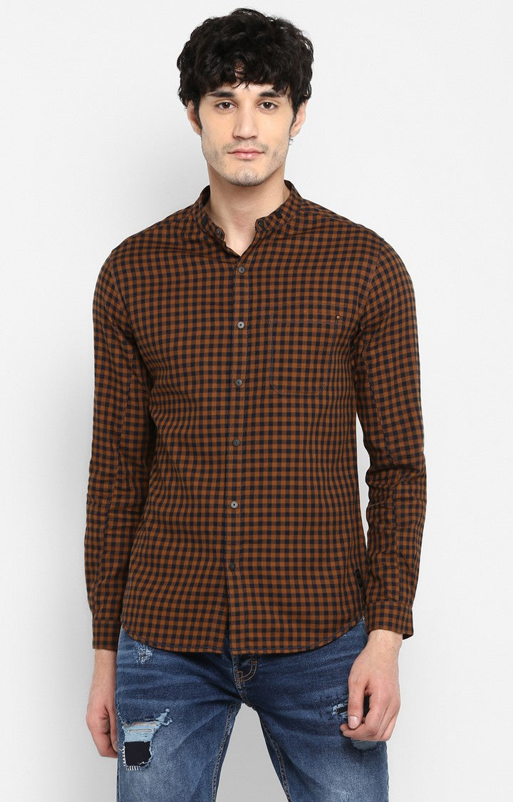 Spykar Men Khaki Checked Slim Fit Casual Shirt