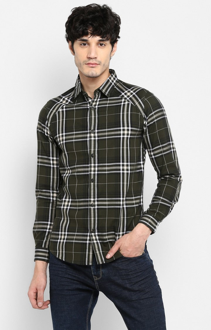 Spykar Men Olive Checked Slim Fit Casual Shirt