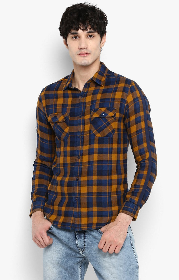 Spykar Men Mustard Checked Slim Fit Casual Shirt