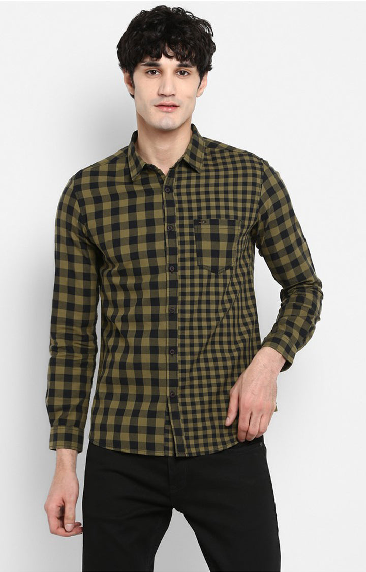 Spykar Men Olive Checked Slim Fit Casual Shirt