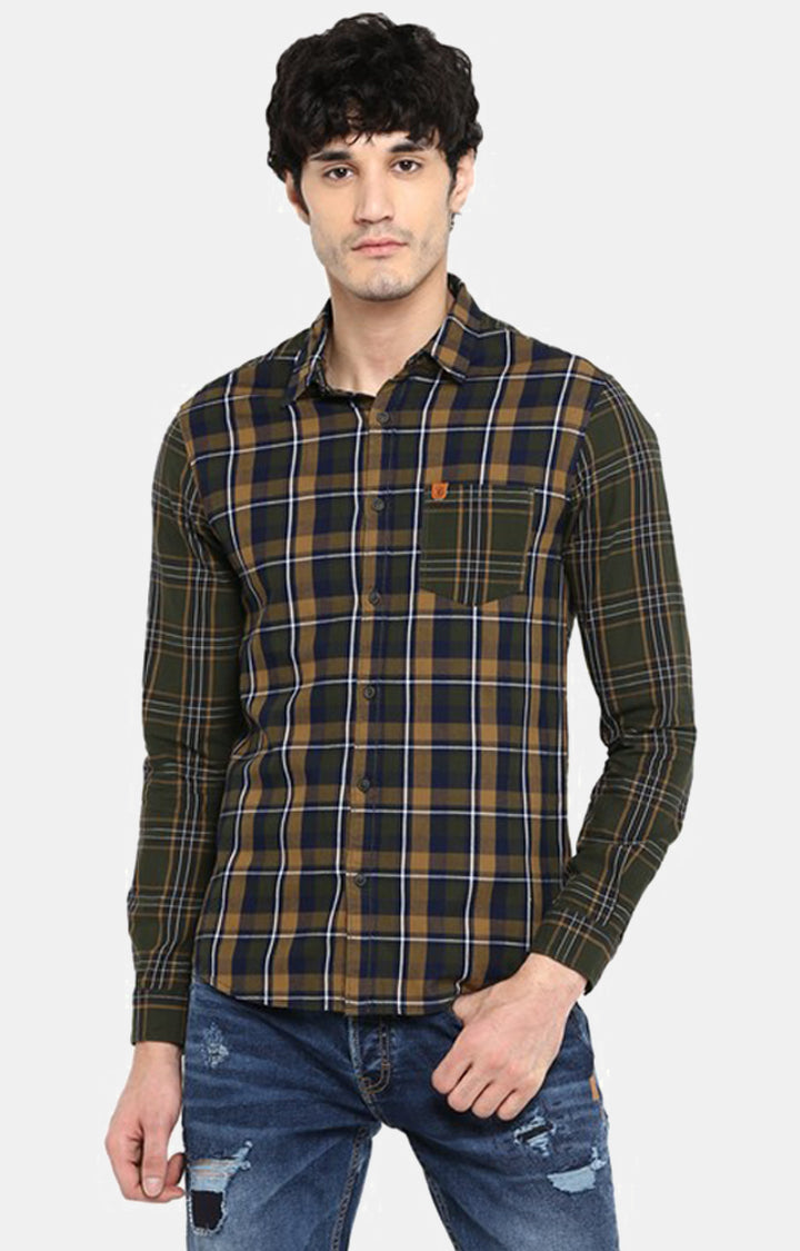 Spykar Men Olive Checked Slim Fit Casual Shirt