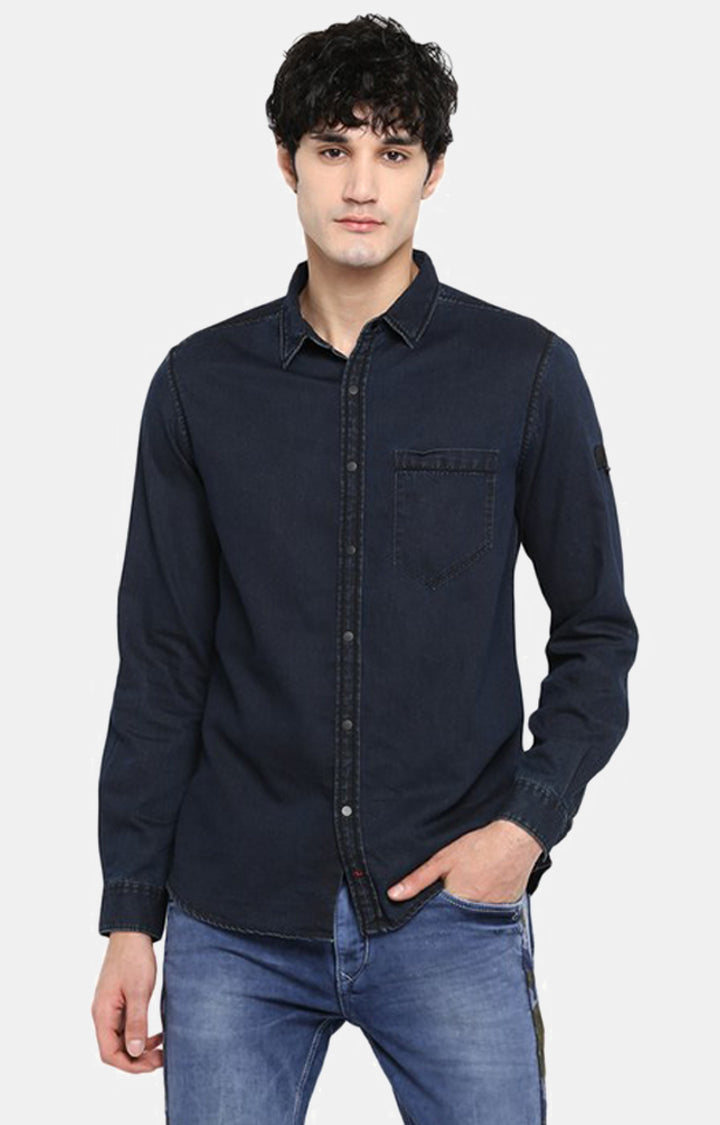 Spykar Blue Cotton Slim Fit Shirts For Men