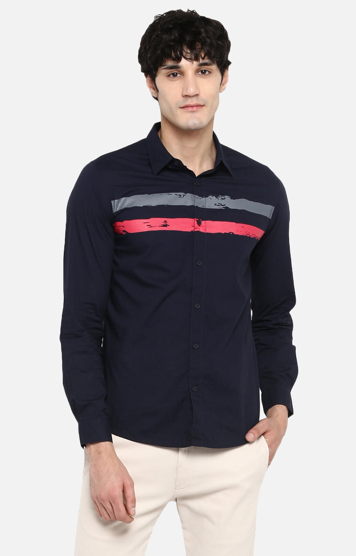 Spykar Men Navy Striped Slim Fit Casual Shirt