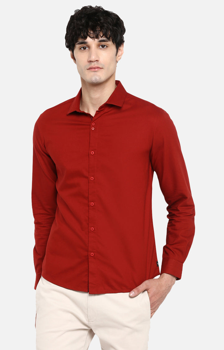 Spykar Red Cotton Slim Fit Shirts For Men