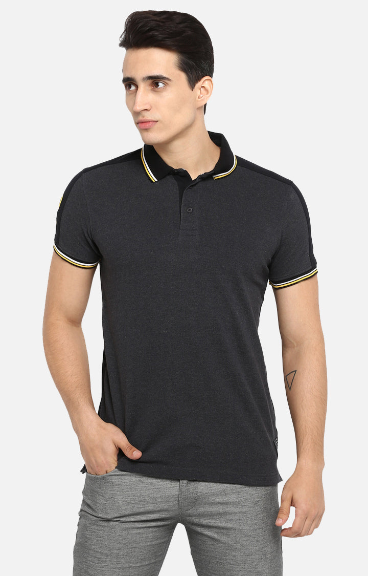 Spykar Men Grey Cotton Slim Fit Polo T-Shirt