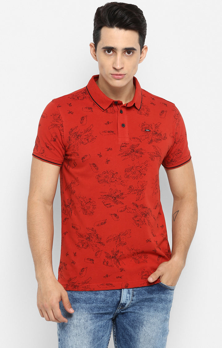 Spykar Men Red Cotton Slim Fit Polo T-Shirt