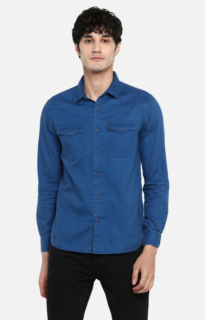 Spykar Men Blue Solid Slim Fit Casual Shirt