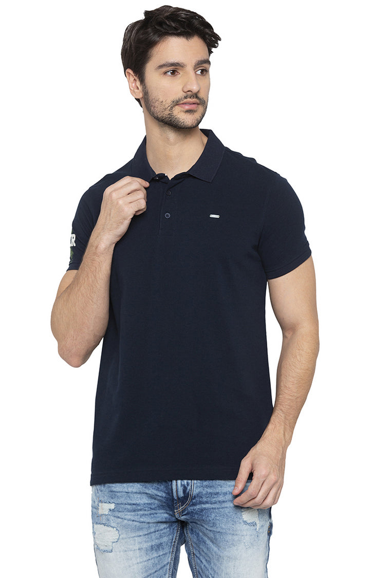 Spykar Men Blue Cotton Slim Fit Polo T-Shirt