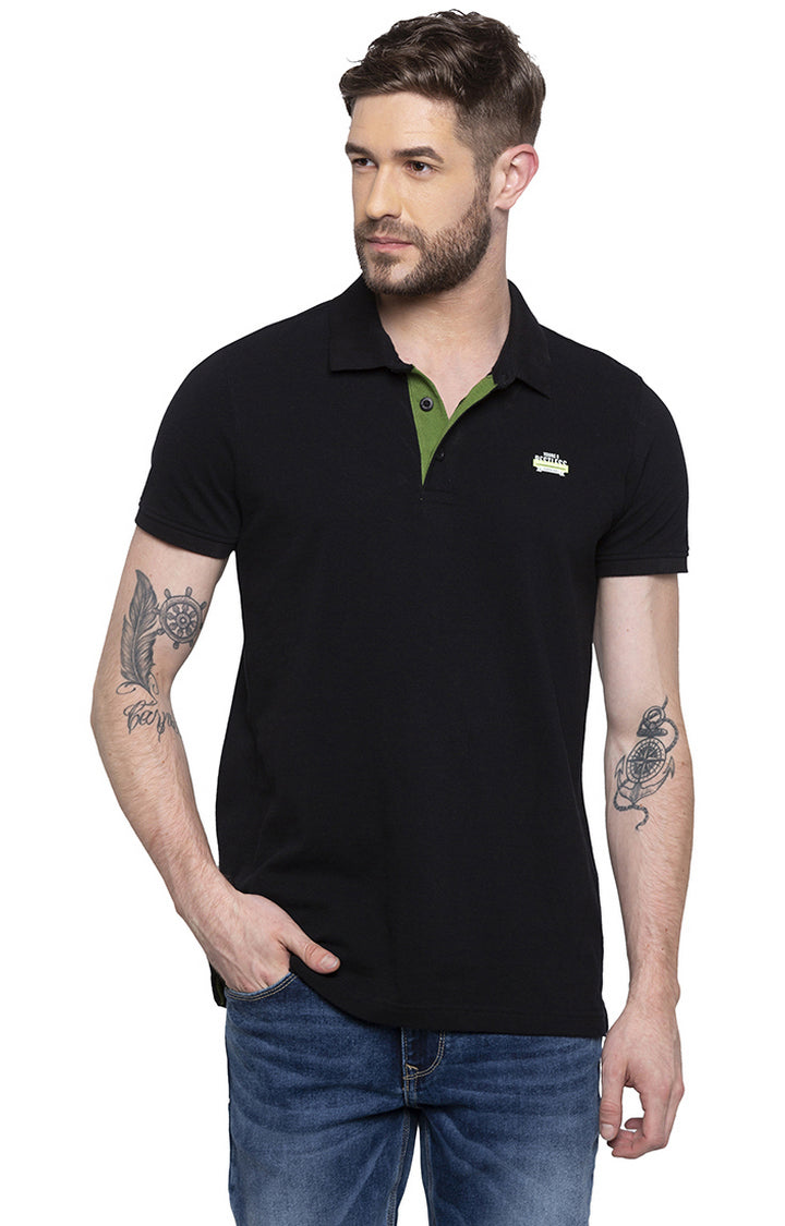 Spykar Black Solid Polo Tshirt For Men