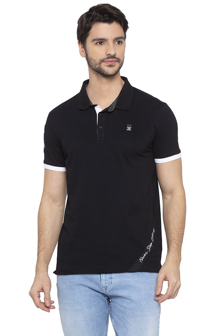 Spykar Men Black Cotton Slim Fit Polo T-Shirt