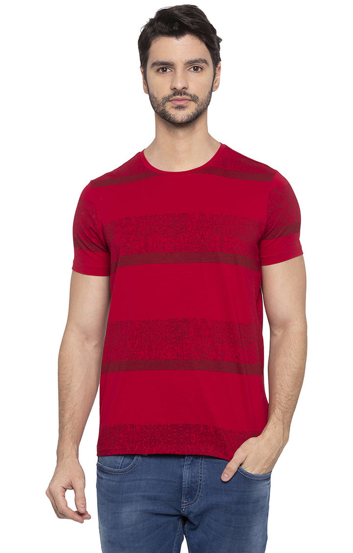 Spykar Men Red Cotton Slim Fit Round Neck T-Shirt