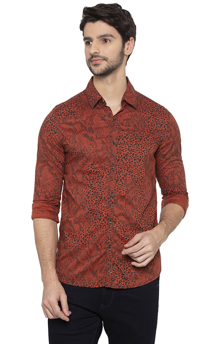 Spykar Men Rust Printed Slim Fit Casual Shirt