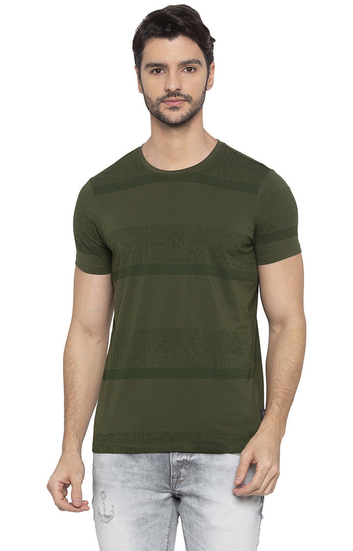 Spykar Men Olive Striped T-Shirt