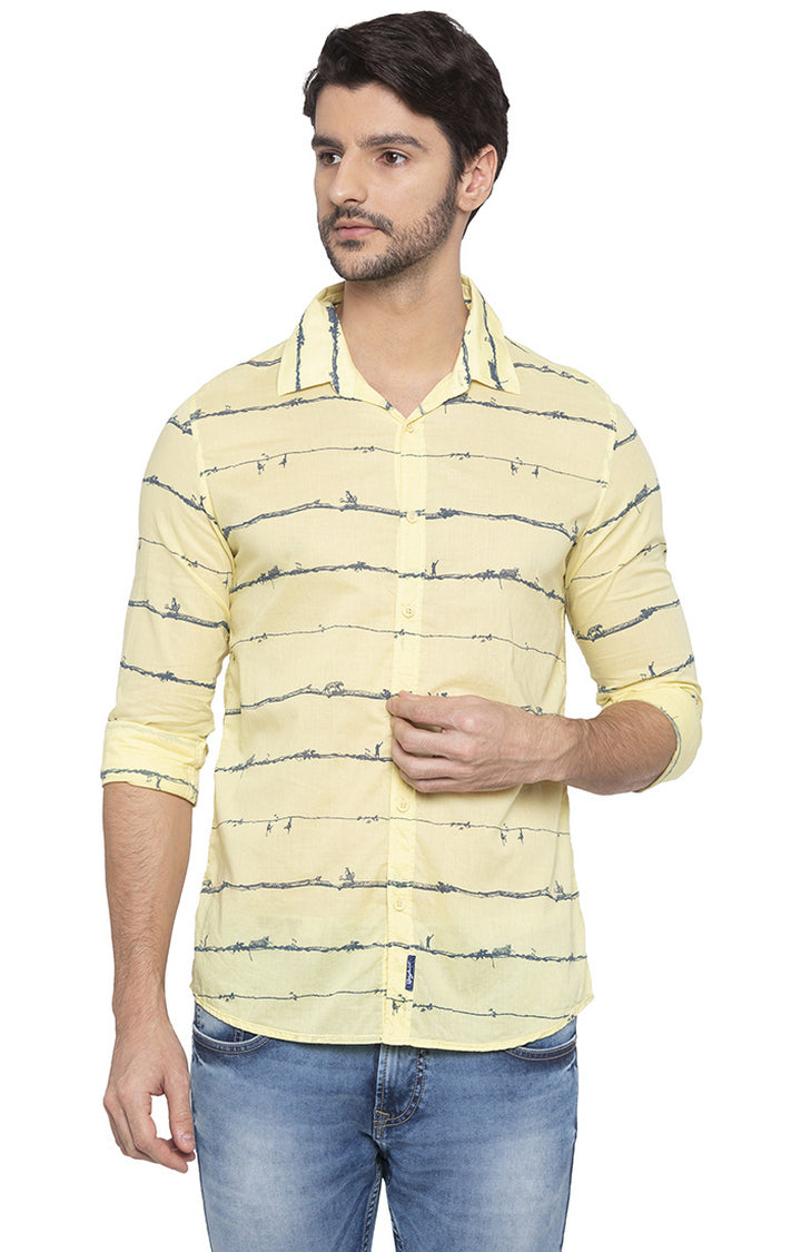 Spykar Men Yellow Striped Slim Fit Casual Shirt