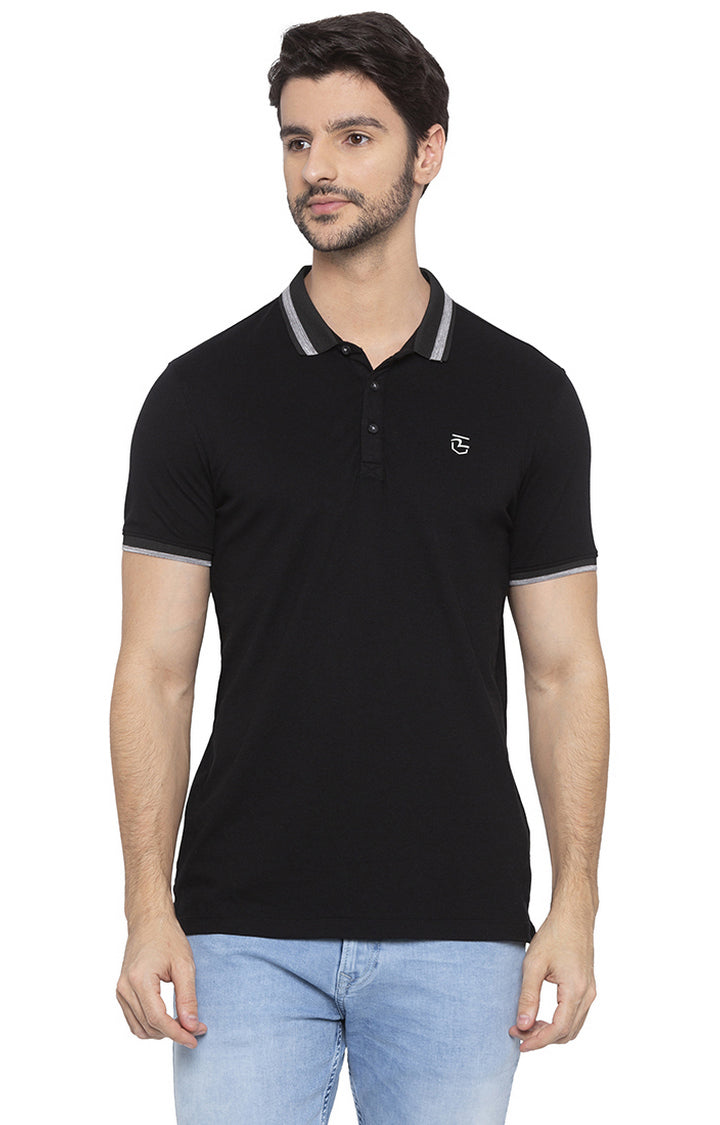 Spykar Men Black Cotton Slim Fit Polo T-Shirt