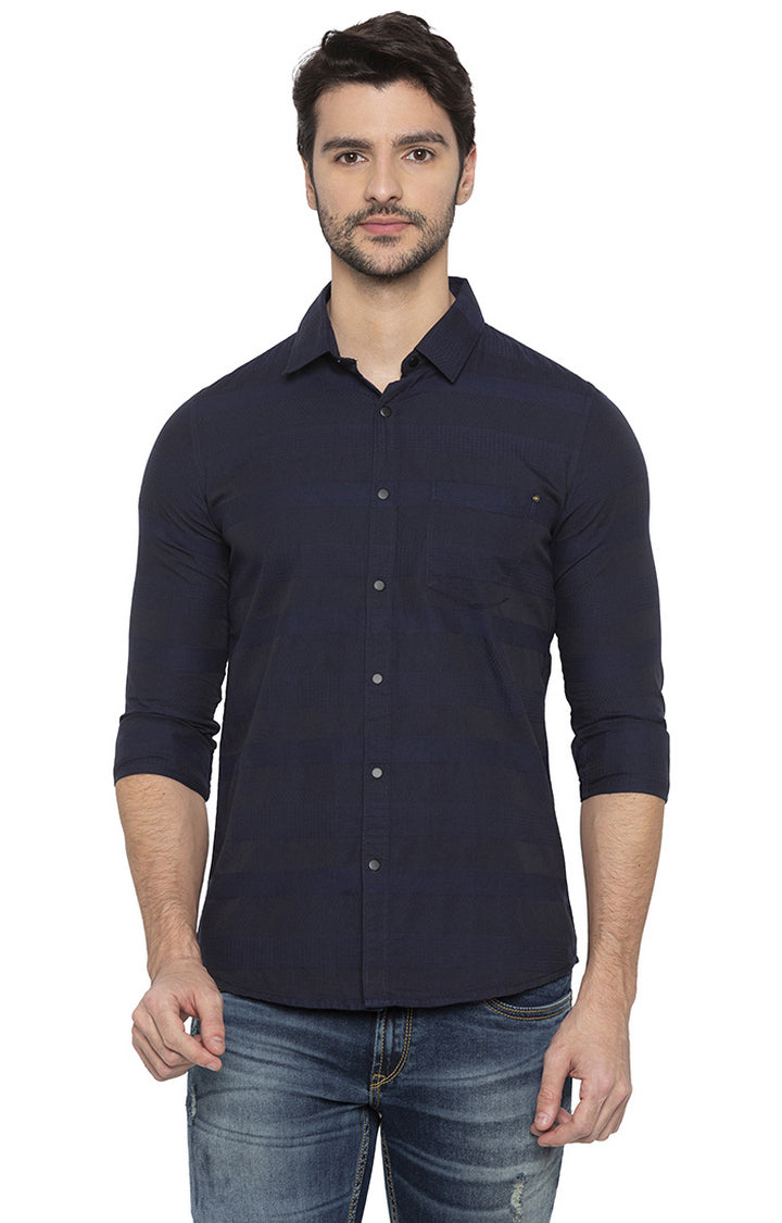 Spykar Men Navy Striped Slim Fit Casual Shirt