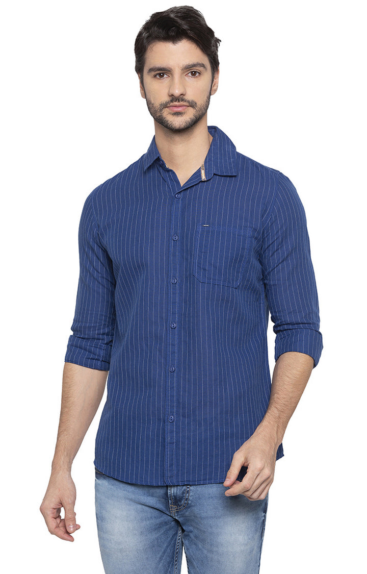 Spykar Men Royal Blue Striped Slim Fit Casual Shirt