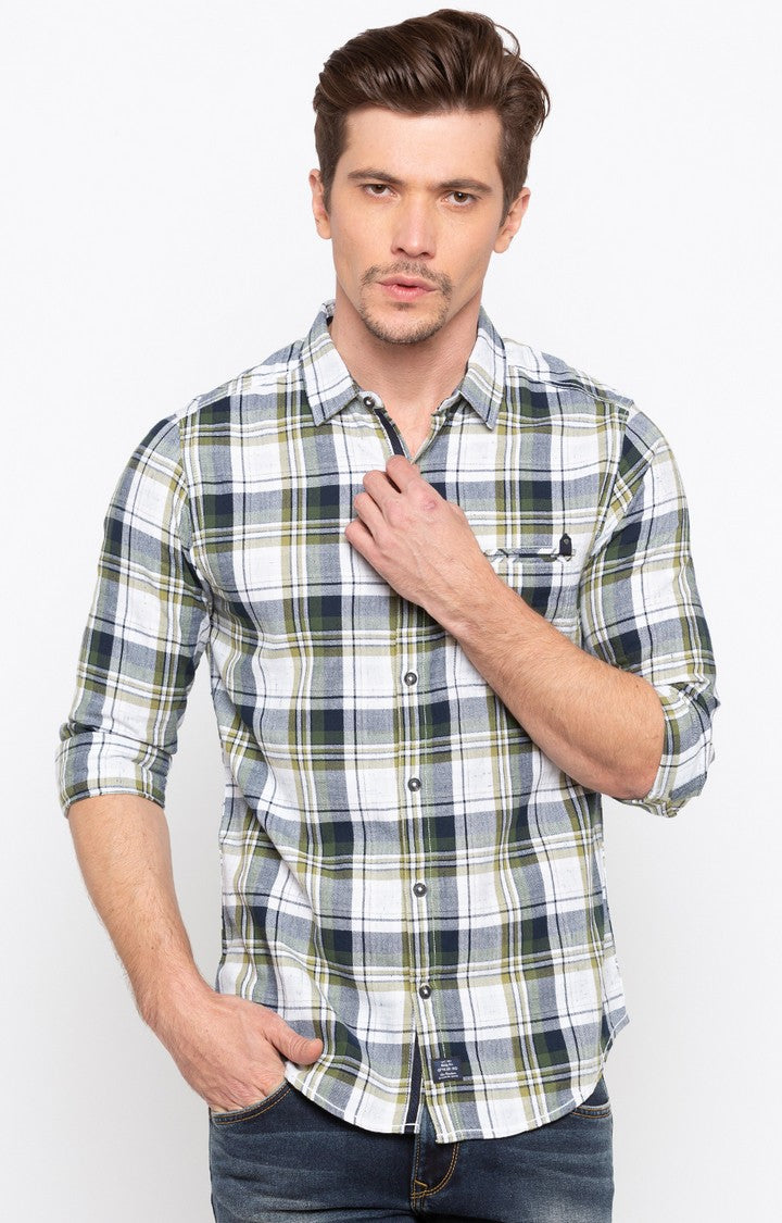 Spykar Men Green Checked Slim Fit Casual Shirt