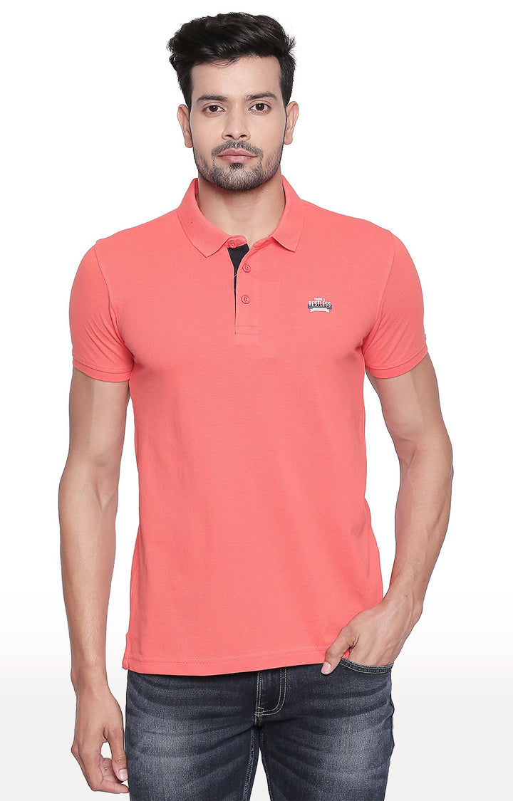 Spykar Men Orange Cotton Slim Fit Polo T-Shirt