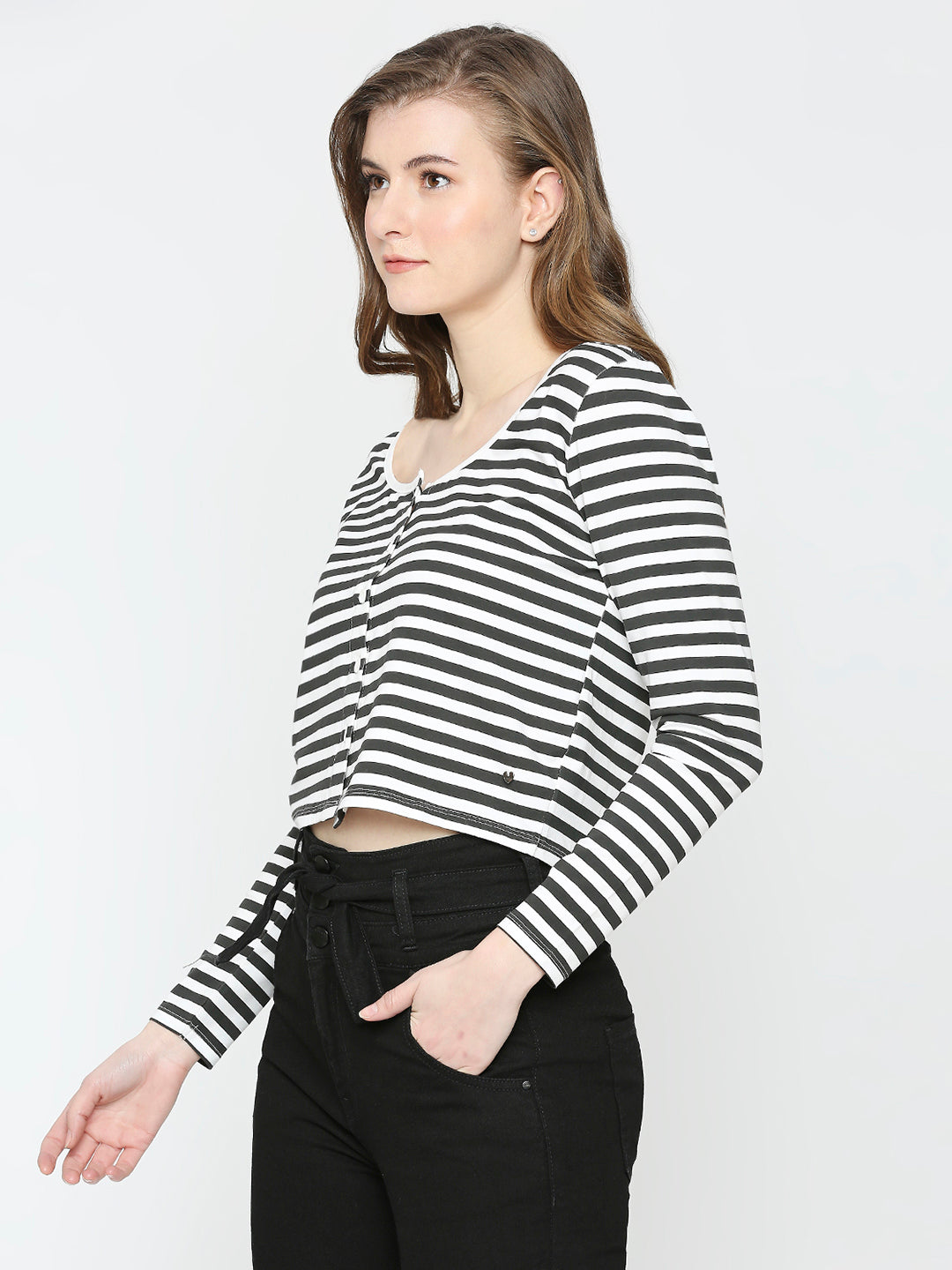 Spykar Women Black Blended Slim Fit Striped T-Shirts