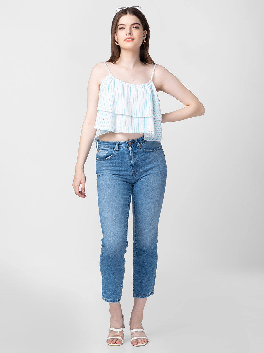 Spykar Women White Cotton Sleeveless Crop Top