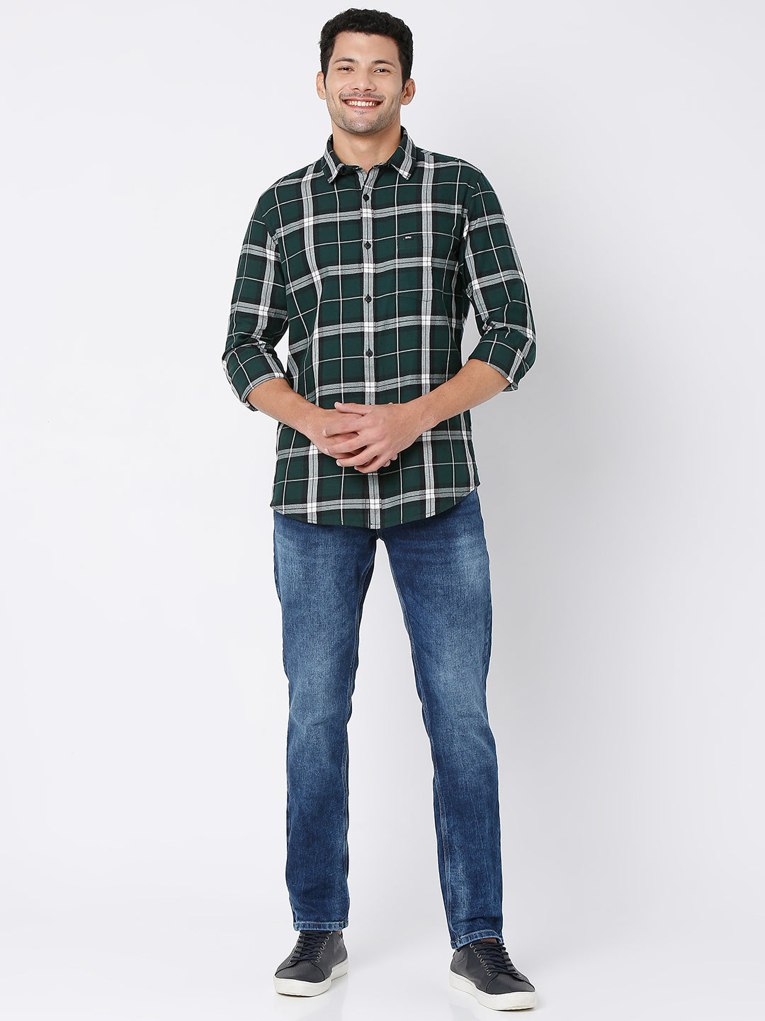 Spykar Men Bottle Green Cotton Slim Fit Checkered Shirt