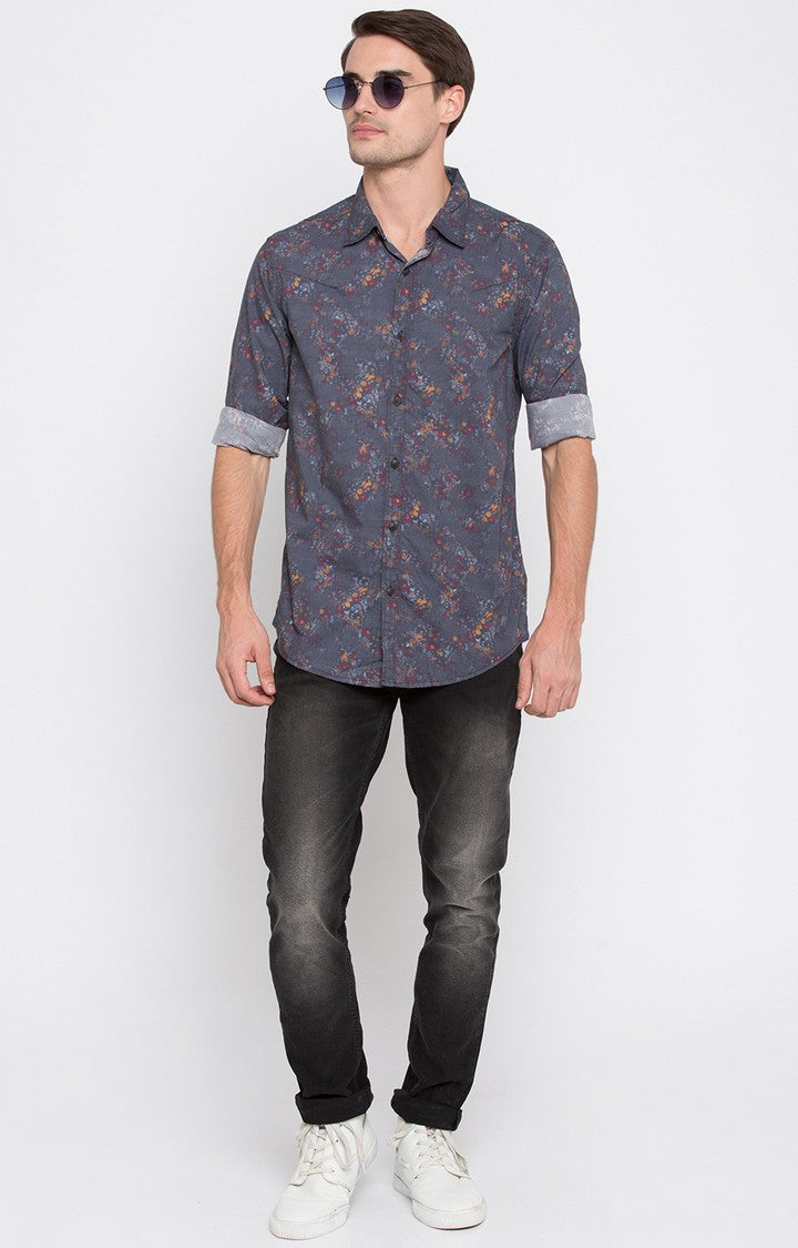 Spykar Men'S Grey Cotton Printed Casual Shirts