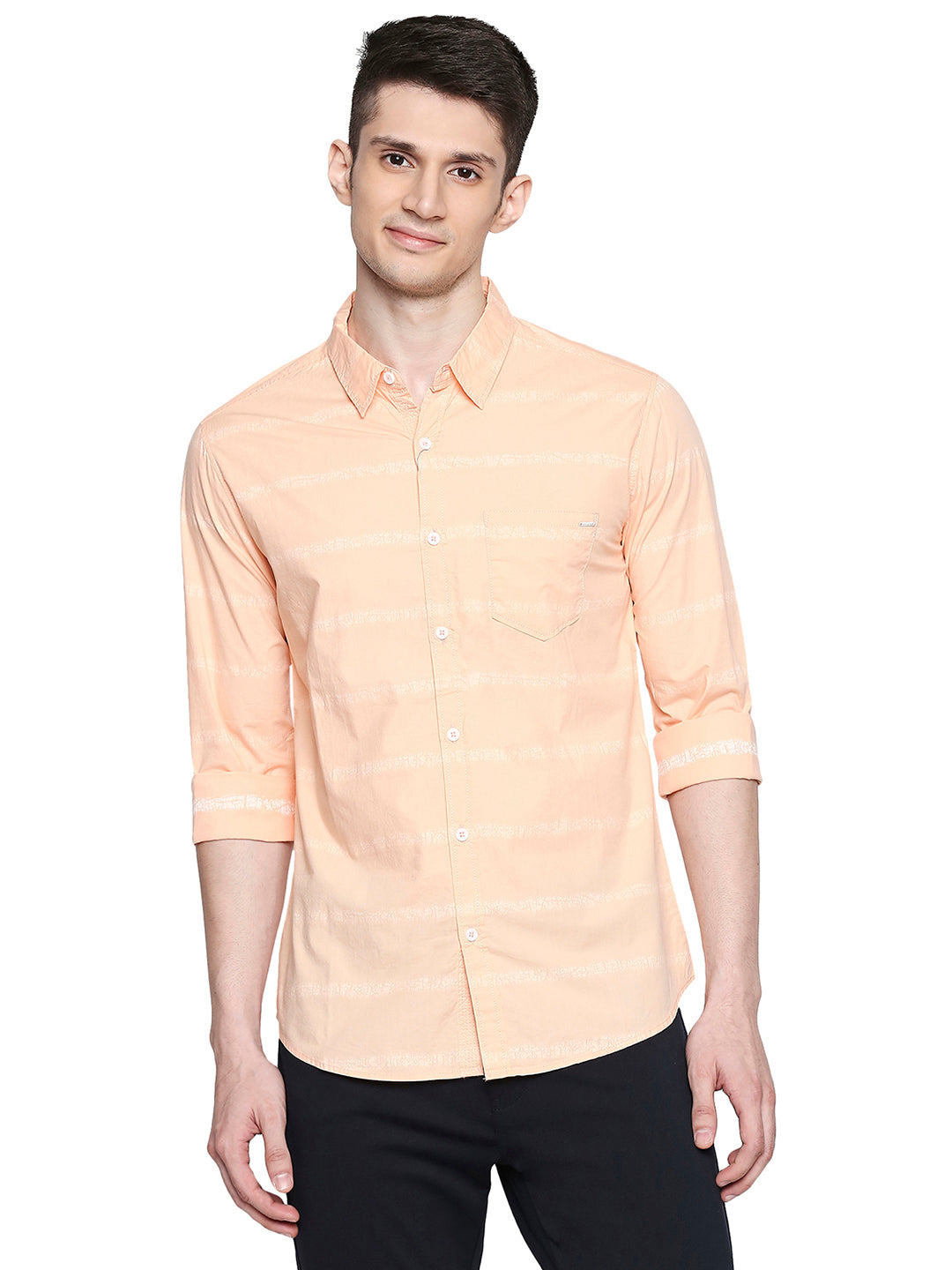 Spykar Regular Fit Men Cotton Peach Shirt